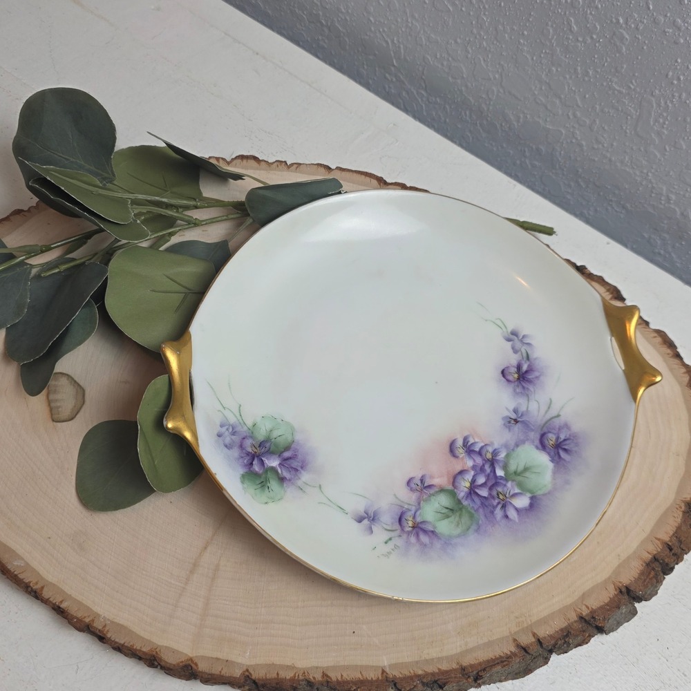 Antique Hutschenreuther Hand‎ Painted Porcelain Violet Cake Plate Gold Handles